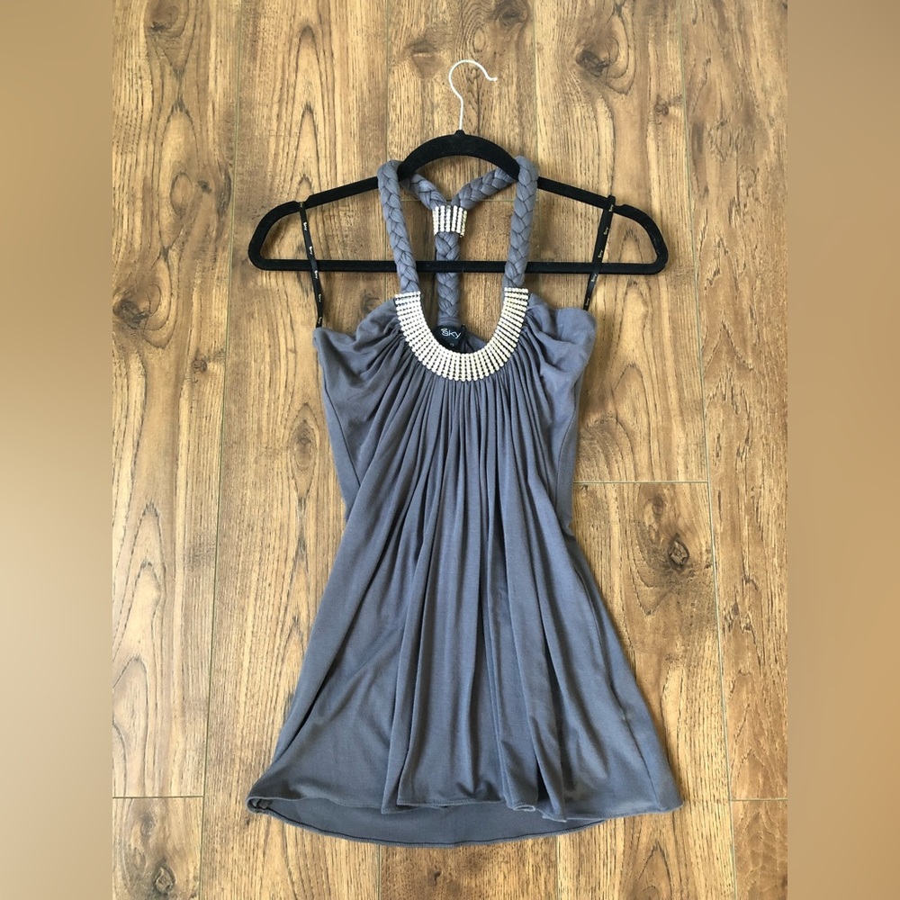 Sky gunmetal gray braided halter rhinestone top with built in bra liner small